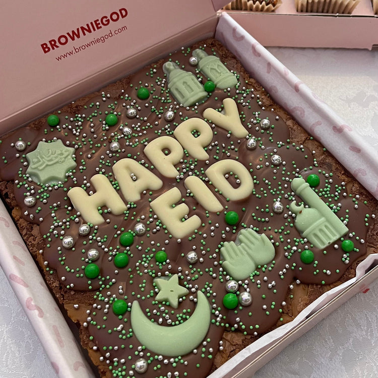Eid brownie slab topped with white-chocolate crescent moon and stars, gold accents – next-day delivery to Birmingham