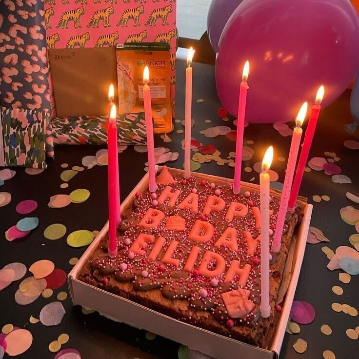 Personalised birthday brownie slab decorated with white chocolate letters – Browniegod postal brownies