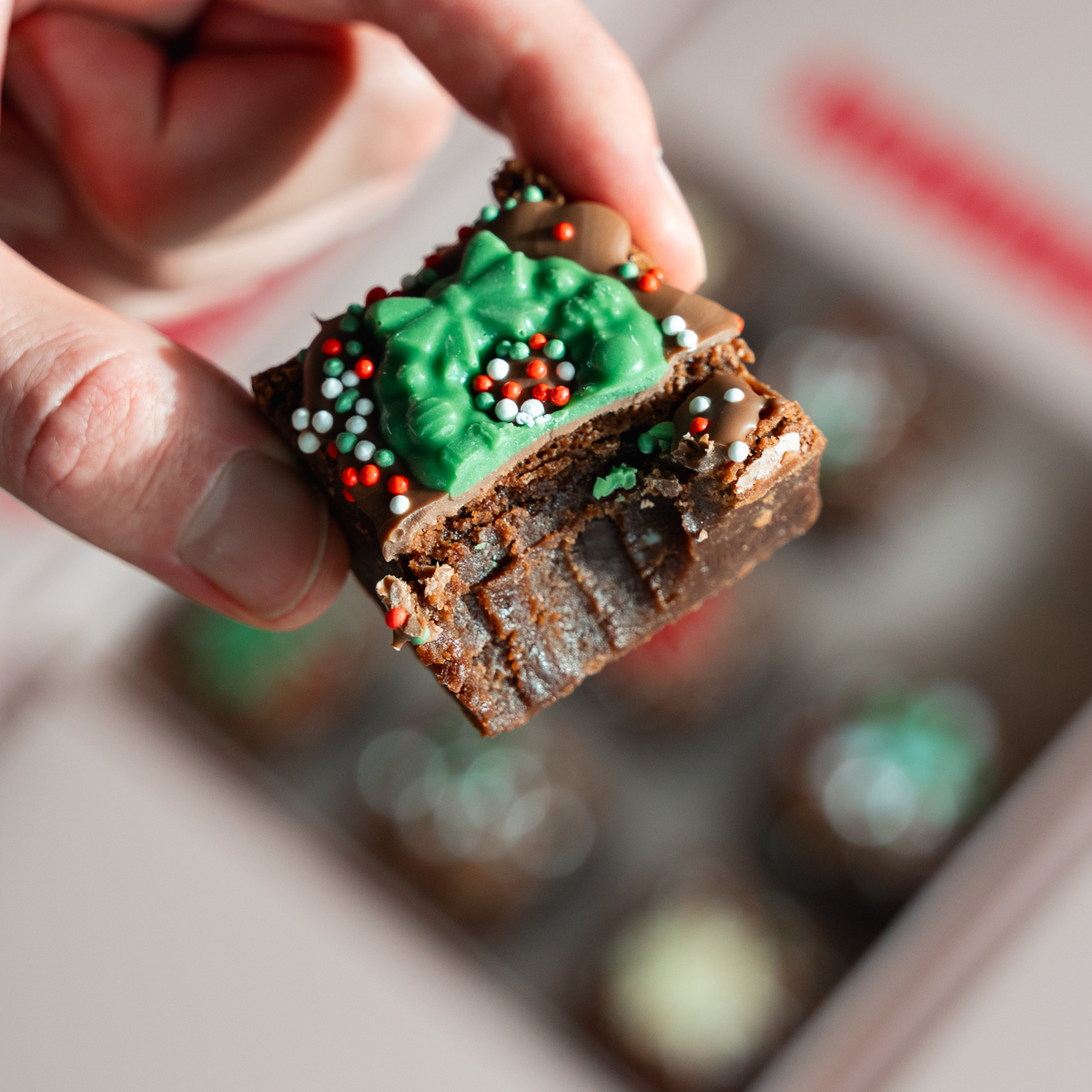 Hand holding a bitten Christmas brownie with a green chocolate wreath topper, showing the fudgy inside