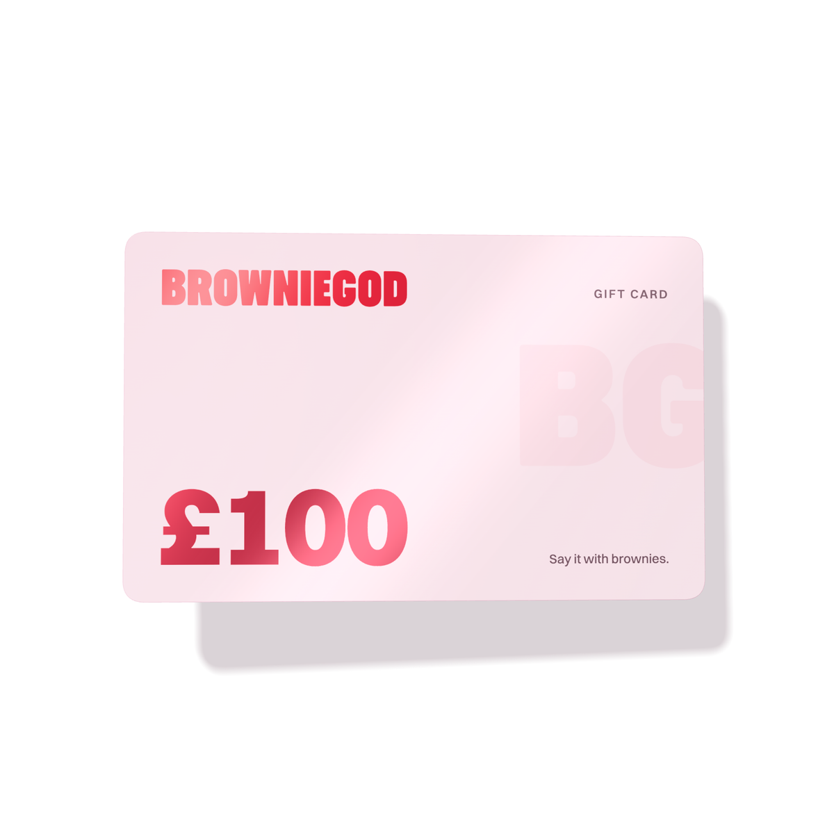 £100 Browniegod gift card in petal pink, with the logo and amount in red foil