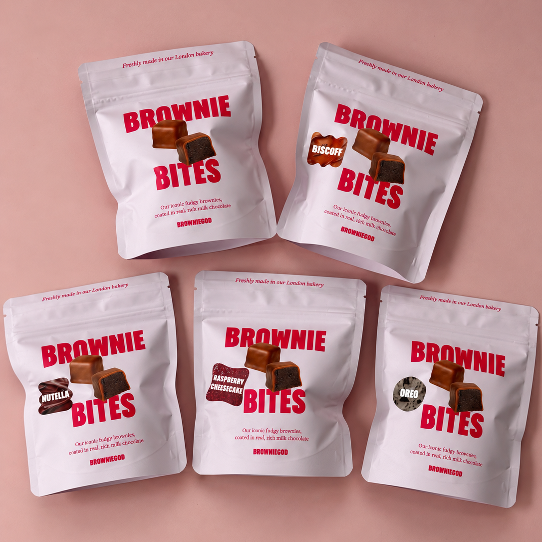 Five Brownie Bites pouches in chocolate, Biscoff, Nutella, raspberry cheesecake and Oreo cheesecake flavours